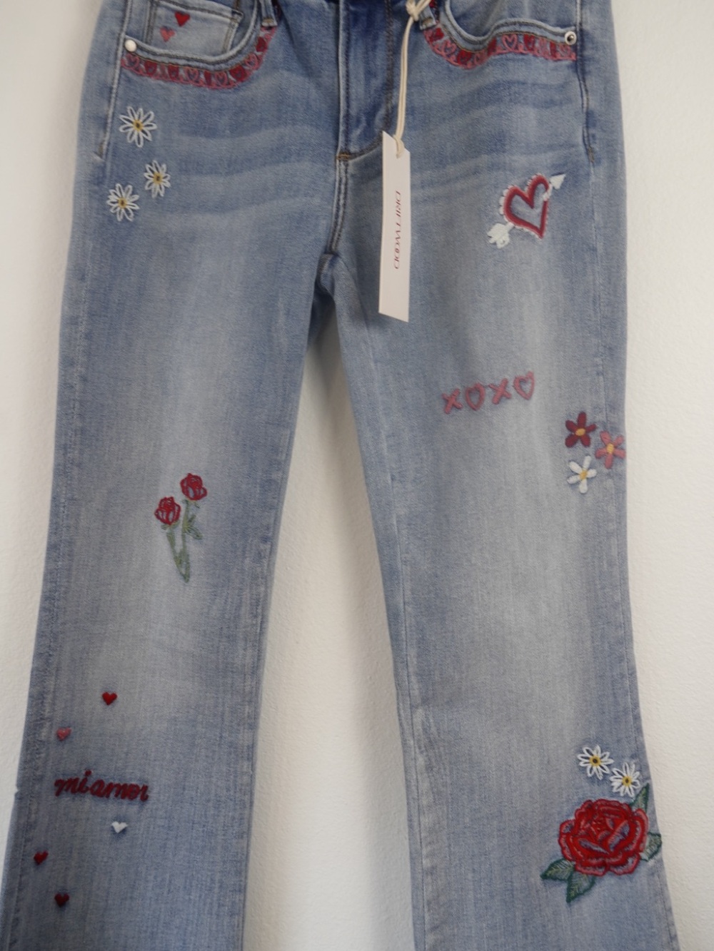 DRIFTWOOD Light Blue Flare Jeans with Red & Green Embroidered Roses & Hearts - Picture 2 of 4